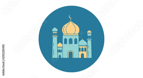 Bild auf Leinwand Mosque silhouette icon in a blue circular frame