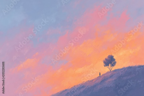 A person standing atop a hill with a tree in the foreground and a sunset in the background. the sky is painted in a range of warm colors from deep oranges to bright yellows and the sun is setting in.
