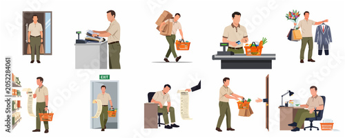 Bild auf Leinwand Set of Man Character Performing Various Shopping and Errand Activities, Grocery
