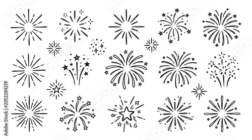 Hand drawn starburst and firework doodle element set