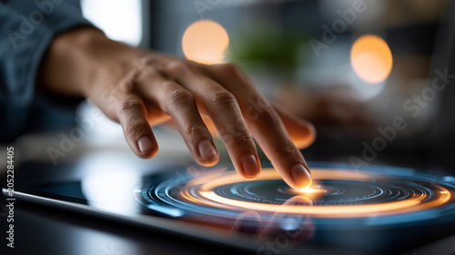 European hand gently interacts with a glowing touchscreen interface in a modern workspace Generative AI