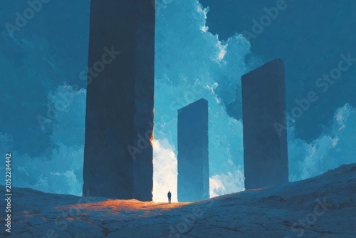 A person standing in front of three tall pillars in the middle of a desert with a sky full of clouds in the background.