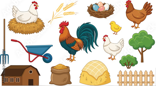 Foto Poultry farm agriculture vector illustration set featuring barn house chickens r