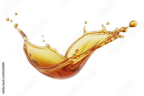 Dynamic splash of golden liquid isolated on a black background, showing fluid motion, droplets, and translucent amber color textures