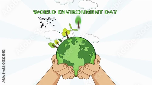 Hands Holding Green Globe with Plants and Smoke on World Environment Day
