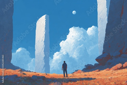 A man standing in the middle of a desert surrounded by rocks and grass. the sky is filled with clouds and a moon is visible in the background.