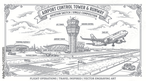 Konstfotografi airport control tower and runway with airplane taking off
