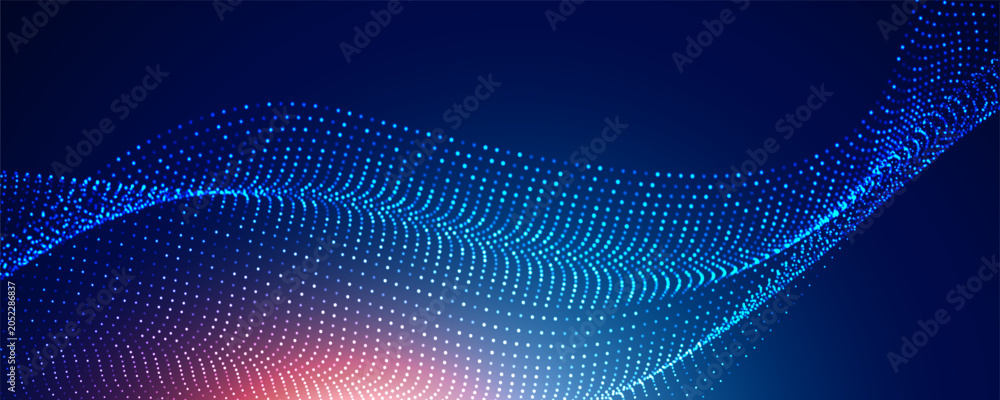 © Ansar45 - Modern technology background featuring a flowing wave of glowing blue particles on a dark gradient backdrop. The dynamic dotted mesh creates a sense of digital connectivity, artificial intelligence, b