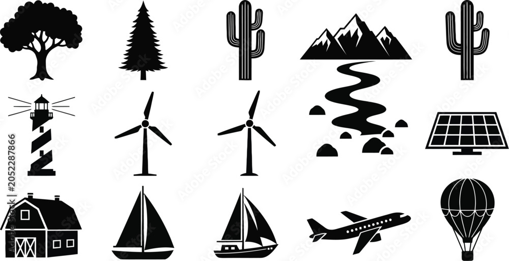 Naklejka premium Black and white nature and lifestyle icons set Vector