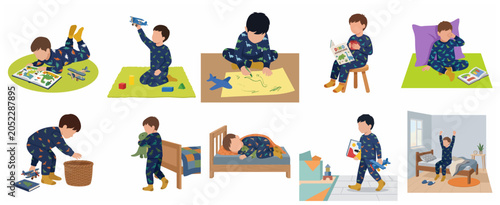 Little Boy in Dinosaur Pajamas Daily Routine and Playtime Activities Illustration Set