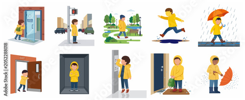 Set of flat vector illustrations of a young boy's daily activities and routines including school, park, and rainy weather