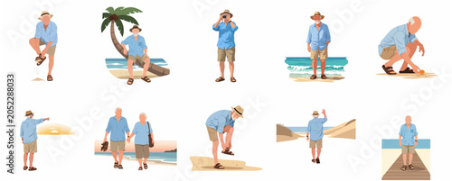 Senior man and elderly couple enjoying various beach vacation activities, flat vector illustration set.