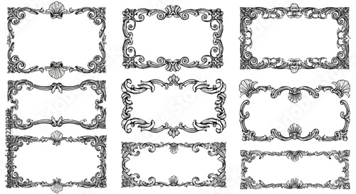 Nine White Ornate Rococo Frames Arranged in a Grid on a Solid Black Background