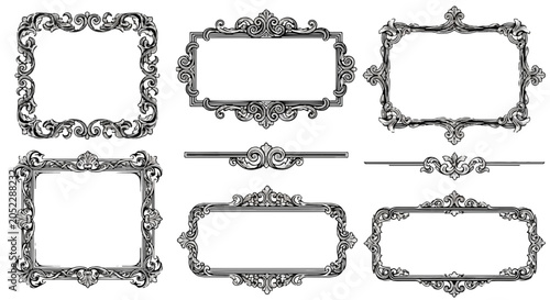 Ornate Silver Baroque Frames and Filigree Dividers Arranged in a Set on Solid Black Background