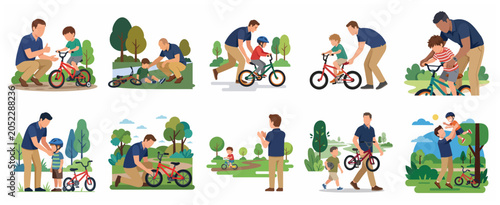 Set of Vector Illustrations of a Father Teaching His Son How to Ride a Bicycle, Dad Helping Child in Park, Parenting Support and Family Bonding Concept