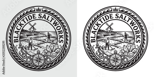 Photos Vintage Style Emblem Logo for Blacktide Saltworks with Workers and Landscape