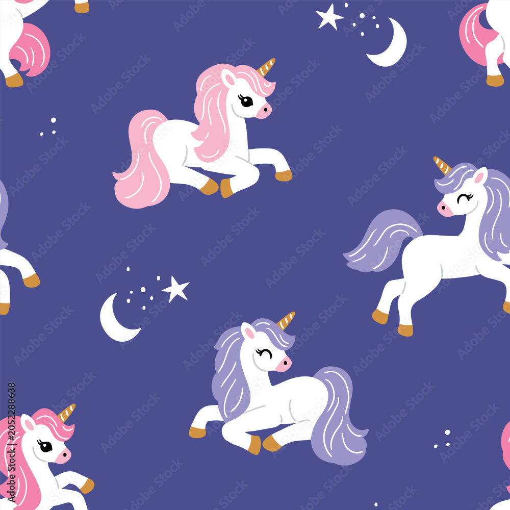 Naklejka premium Cute unicorn with moon and stars. Tiny loose floral design with white horse. Seamless vector pattern for textile, wallpaper or print design.