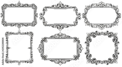 Set of Ornate Baroque White and Grey Frames with Scrollwork Details on Solid Black Background
