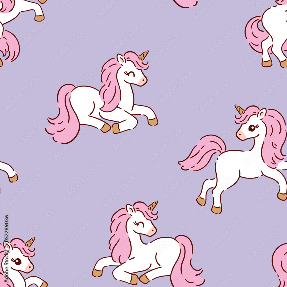 Fototapeta premium Cute white unicorns on purple isolated background. Seamless vector pattern for textile, wallpaper or print design.