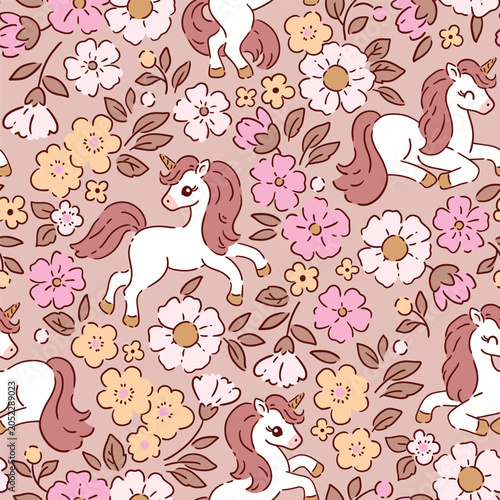 Cute unicorn on floral background. Tiny loose floral design with white horse. Seamless vector pattern for textile, wallpaper or print design.