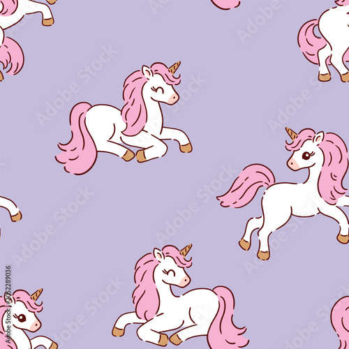 Cute white unicorns on purple isolated background. Seamless vector pattern for textile, wallpaper or print design.