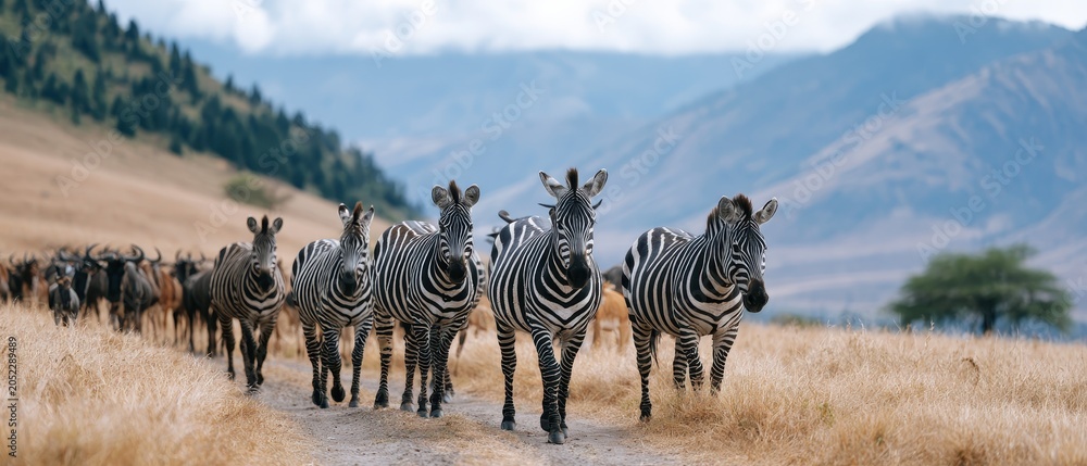 Obraz premium Zebra standing in open grassland with a wildlife herd in the background, African safari, nature conservation, iconic animal portrait.