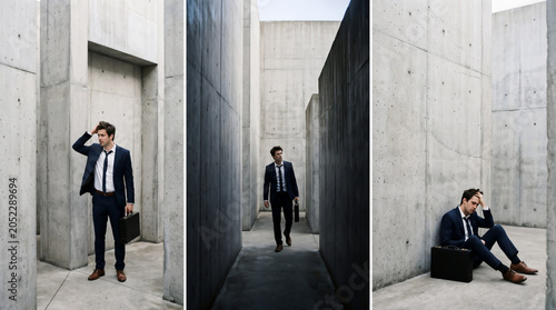 Businessman Lost in a Concrete Maze Facing Career Challenges