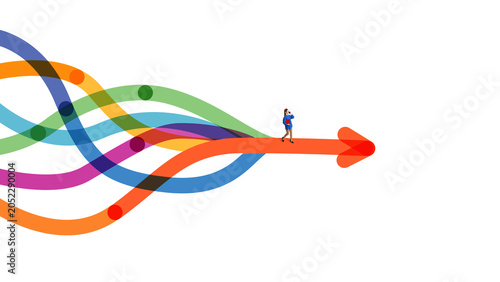 Foto Businesswoman walking on orange arrow through colorful business flow