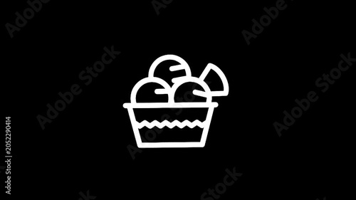Simple line art icon of ice cream scoops in a cup with a garnish