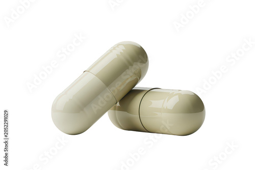 Two off-white medical capsules positioned diagonally against a solid black background, showing smooth texture and cylindrical shape