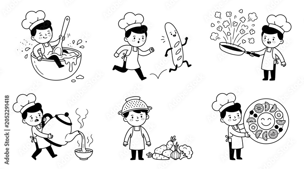 Fototapeta premium Cute Little Boy Chef Coloring Page Set - Fun Kitchen Adventure Cartoon Illustrations for Kids