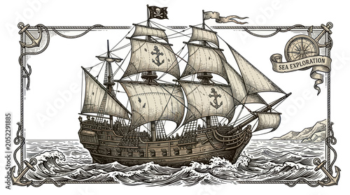 Fotografia Vintage sailing ship on ocean waves