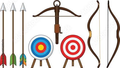 Foto Archery equipment vector illustration set featuring wooden bows a crossbow sharp