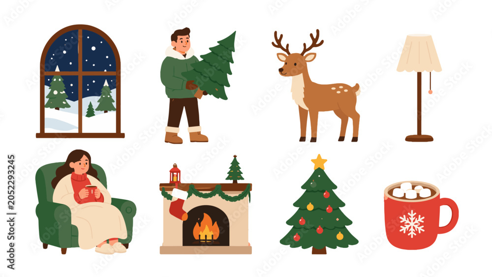 Fototapeta premium Cozy winter holiday icons with fireplace tree deer and window