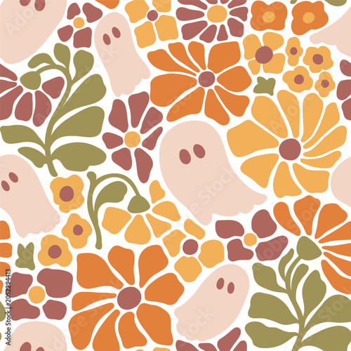 Groovy Halloween ghost with autumn flowers. Vintage ghost with weavy floral. Seamless vector pattern for textile, wallpaper or print design.