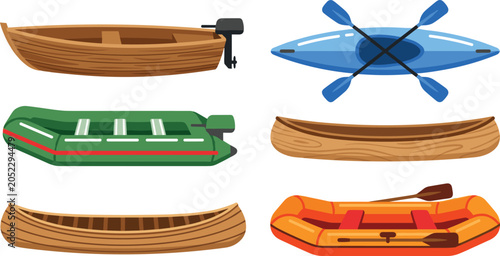 Принти на полотні Water transport and recreational boat vector illustration set featuring wooden c