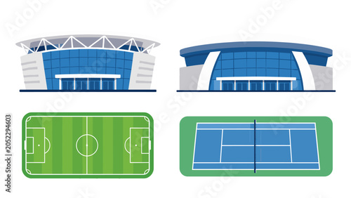 Set of stadium facades with soccer field and tennis court