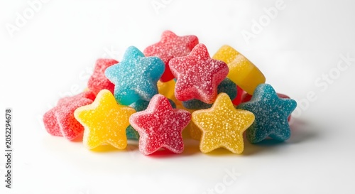 Colorful star shaped sugar coated candies on white background