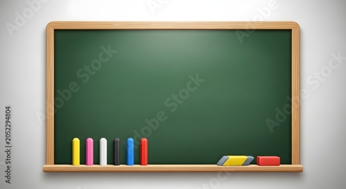 Blank green chalkboard with colorful chalks and erasers