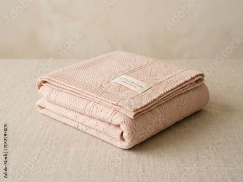 A soft, folded pastel pink textile creation with a textured weave and a decorative stitched label rests invitingly on a subtly patterned fabric surface, evoking warmth and comfort for home decor