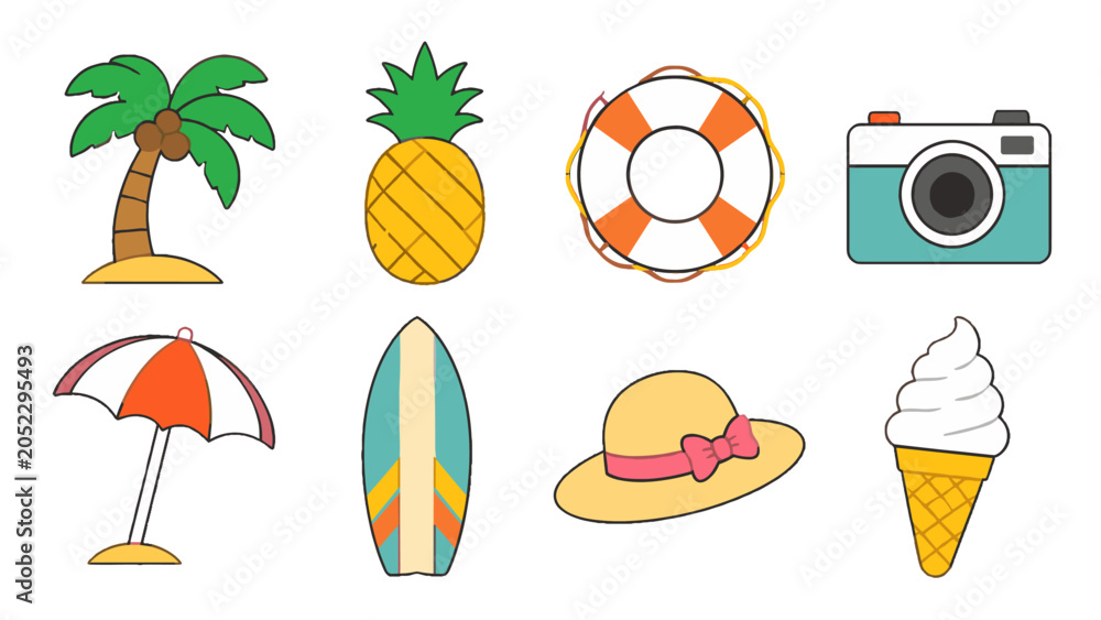 Obraz premium Set of summer beach icons with palm tree, surfboard and camera