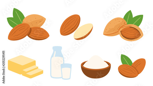 Schilderij op canvas Almond ingredients set with nuts butter milk and flour