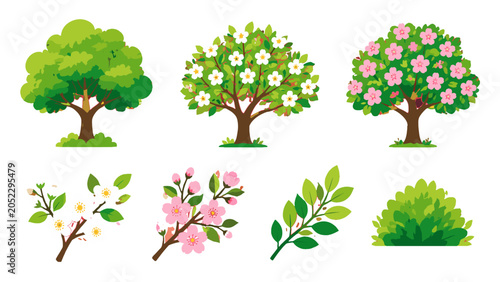 Konstfotografi Set of flowering trees branches leaves and bush vector