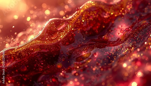 Abstract red liquid background with golden glitter particles, flowing glossy texture with bokeh light effects, luxury fluid design for creative projects