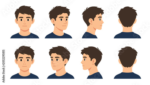 Photos Male head character turnaround with front side and back views