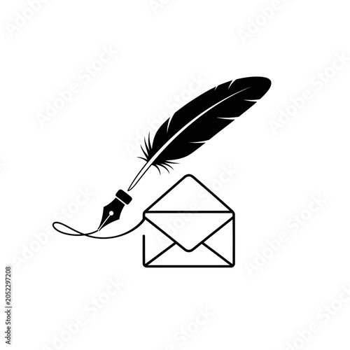 Εκτύπωση καμβά Black and white illustration of a quill pen, ink bottle, and closed envelope on