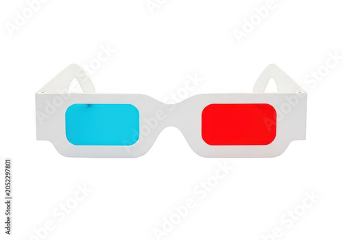 Classic Anaglyph 3D Glasses with Red and Blue Lenses on White Background