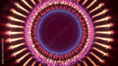 Light patterns move in circles with bright colors and waves at a digital art display event in a large indoor space