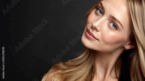Smiling girl with long hair poses for a close-up in studio setting during daylight hours