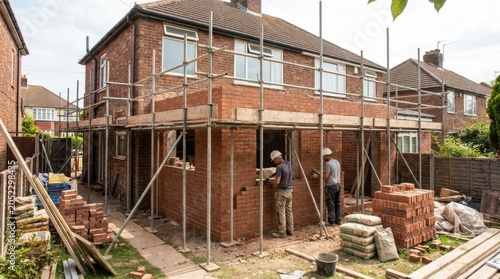 Residential Renovation: Bricklayers skillfully construct an extension onto a semi-detached house, surrounded by scaffolding and building materials.